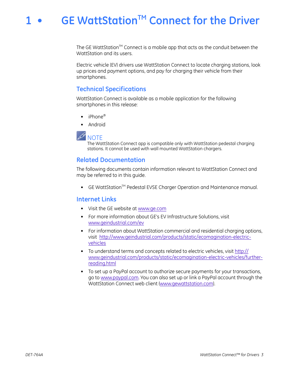 Ge wattstation connect for the driver, Technical specifications, Related documentation | Internet links, 1 • ge wattstation, Connect for the driver | GE Industrial Solutions WattStation Connect Driver Second Edition User Manual | Page 5 / 33