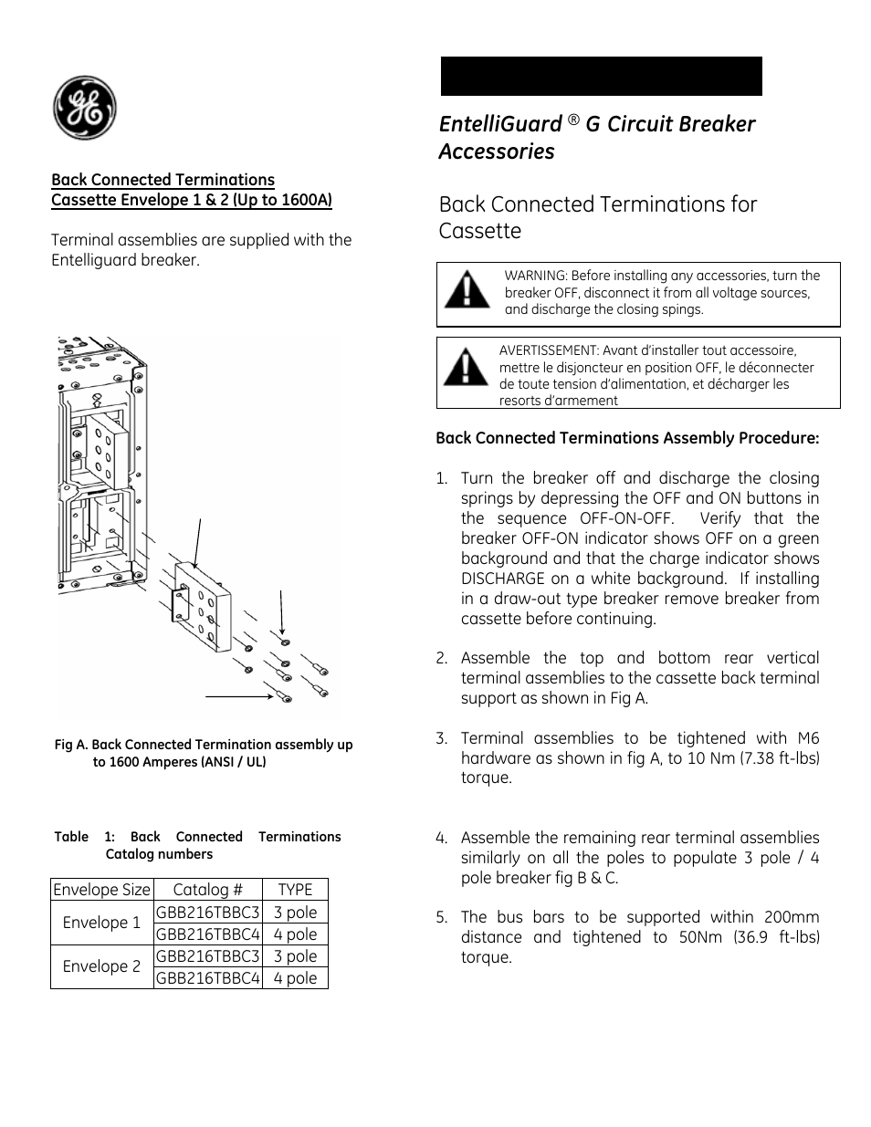 GE Industrial Solutions EntelliGuard G Back Connected Terminations for Cassette Envelope 1 & 2 (Up to 1600A) User Manual | 2 pages