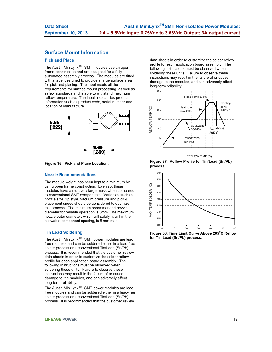 Surface mount information, Austin minilynx, Pick and place | Nozzle recommendations, Tin lead soldering | GE Industrial Solutions Austin Minilynx SMT User Manual | Page 18 / 20