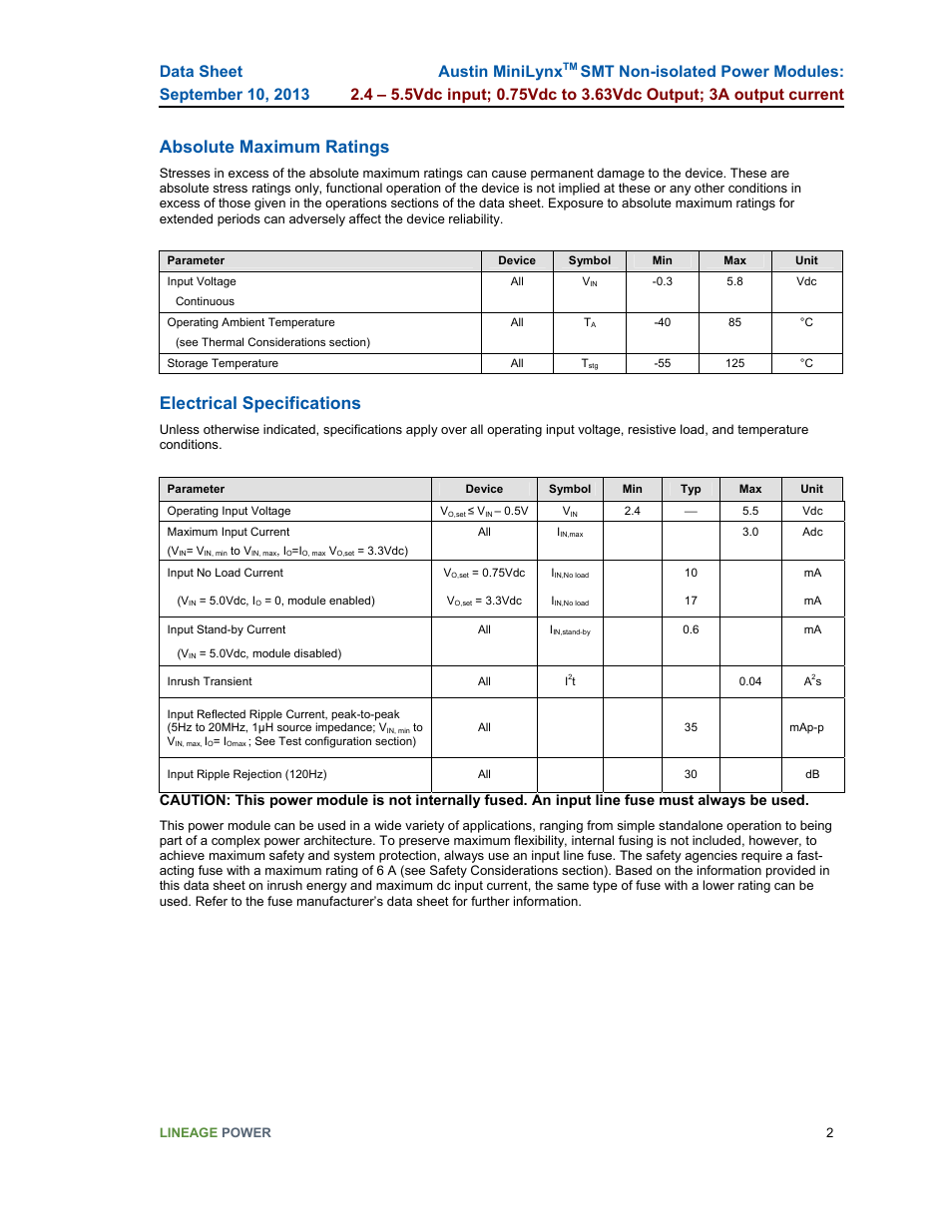 Absolute maximum ratings, Electrical specifications, Austin minilynx | GE Industrial Solutions Austin Minilynx SMT User Manual | Page 2 / 20