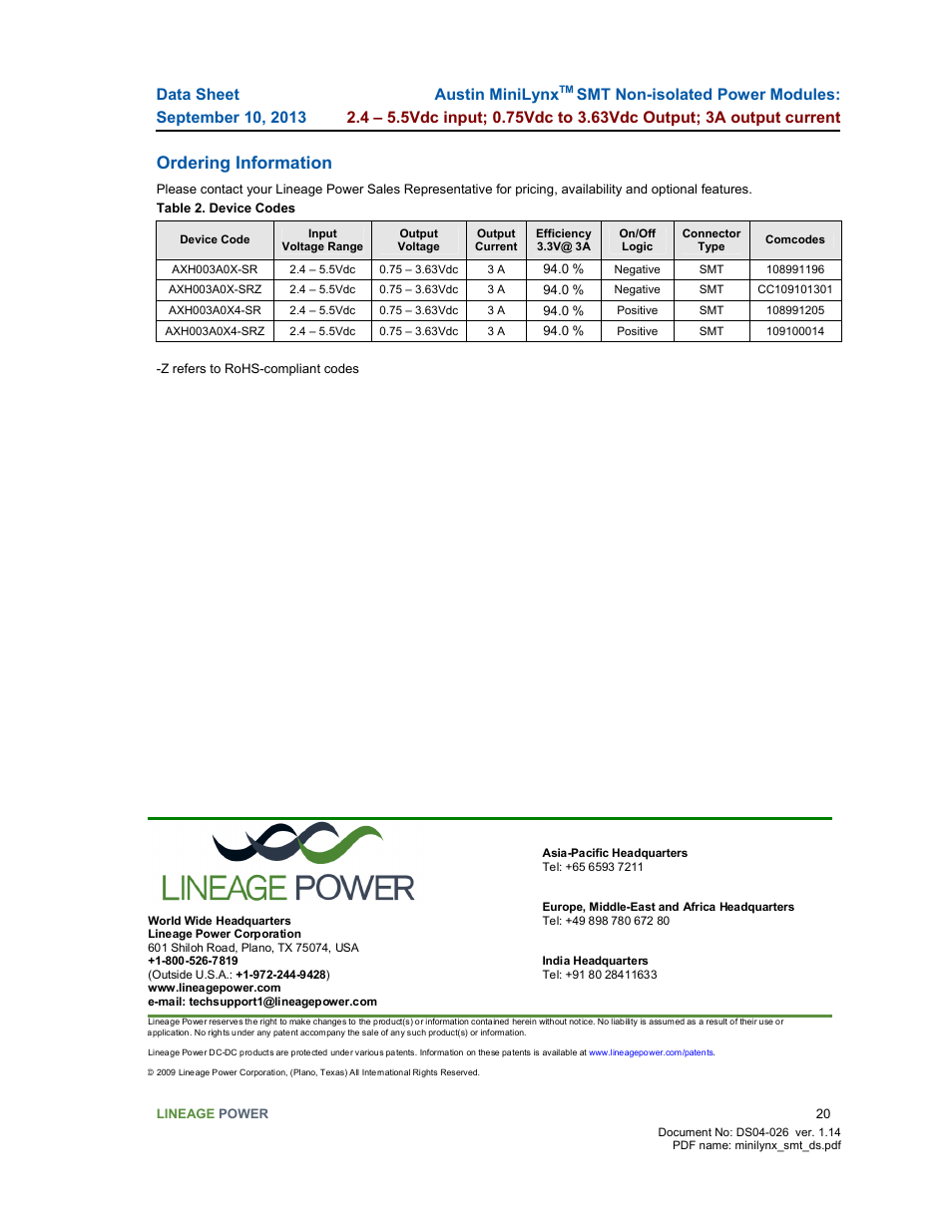 Ordering information, Austin minilynx | GE Industrial Solutions Austin Minilynx SMT User Manual | Page 20 / 20