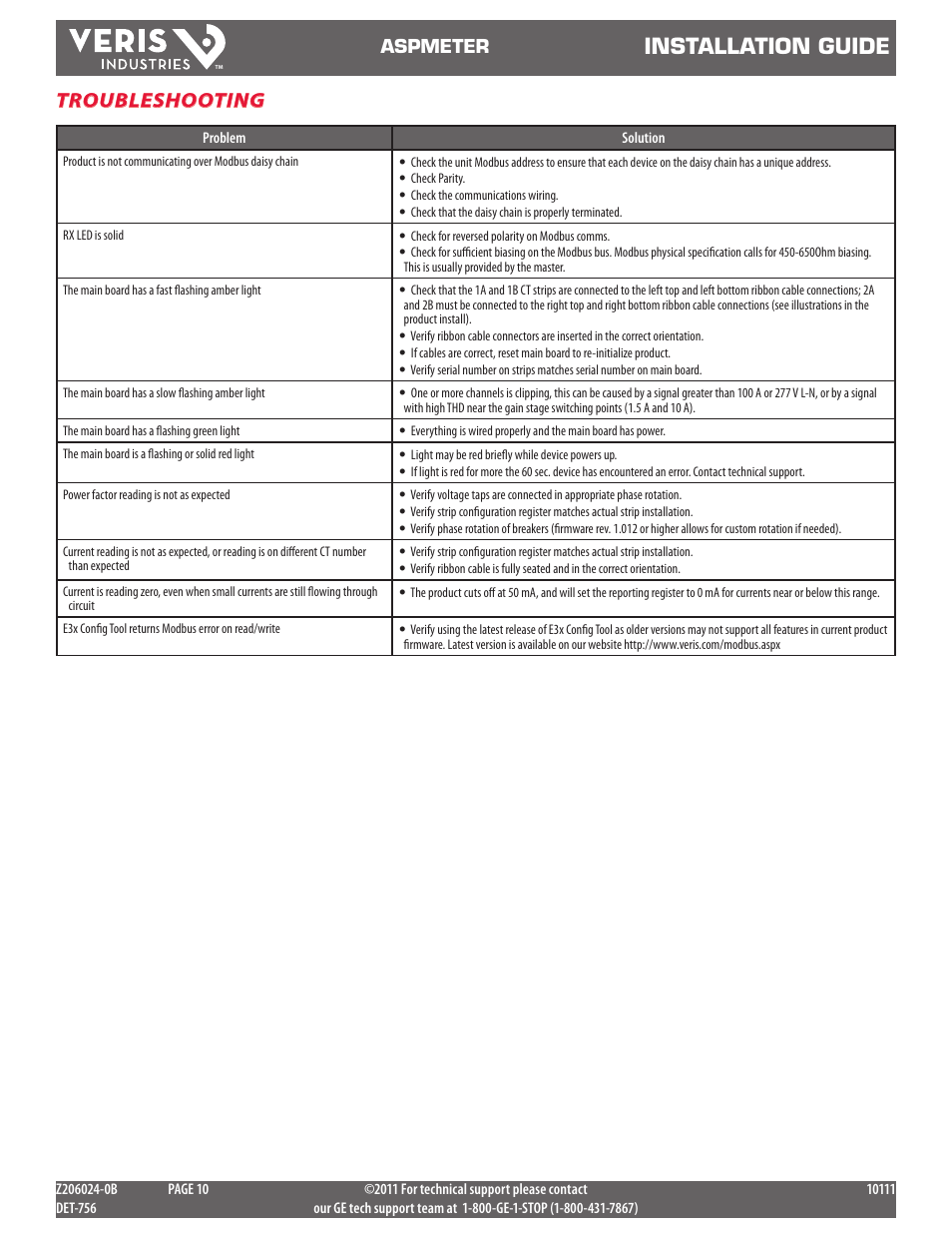 Installation guide, Troubleshooting, Aspmeter | GE Industrial Solutions ASPMETER Install User Manual | Page 10 / 10