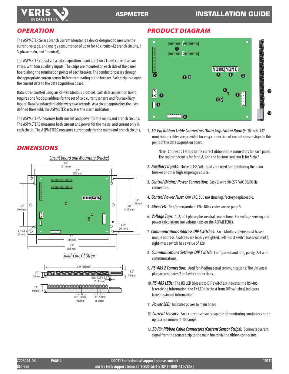 Installation guide, Operation, Dimensions | Product diagram, Aspmeter, Circuit board and mounting bracket, Solid-core ct strips | GE Industrial Solutions ASPMETER Install User Manual | Page 2 / 10