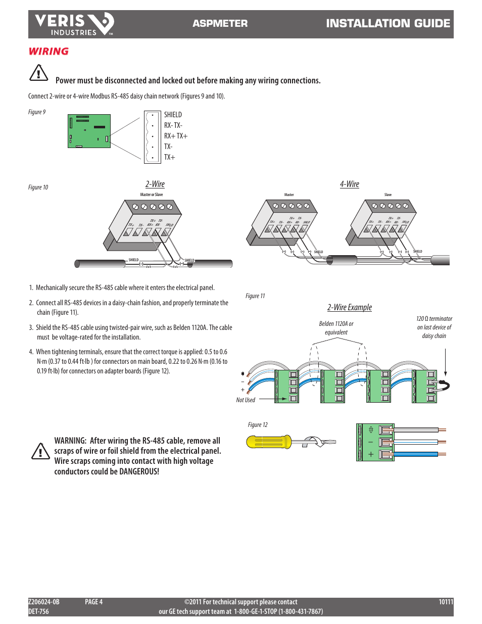 Installation guide, Wiring, Aspmeter | Wire 4-wire 2-wire example, Shield rx- tx- rx+ tx+ tx- tx | GE Industrial Solutions ASPMETER Install User Manual | Page 4 / 10