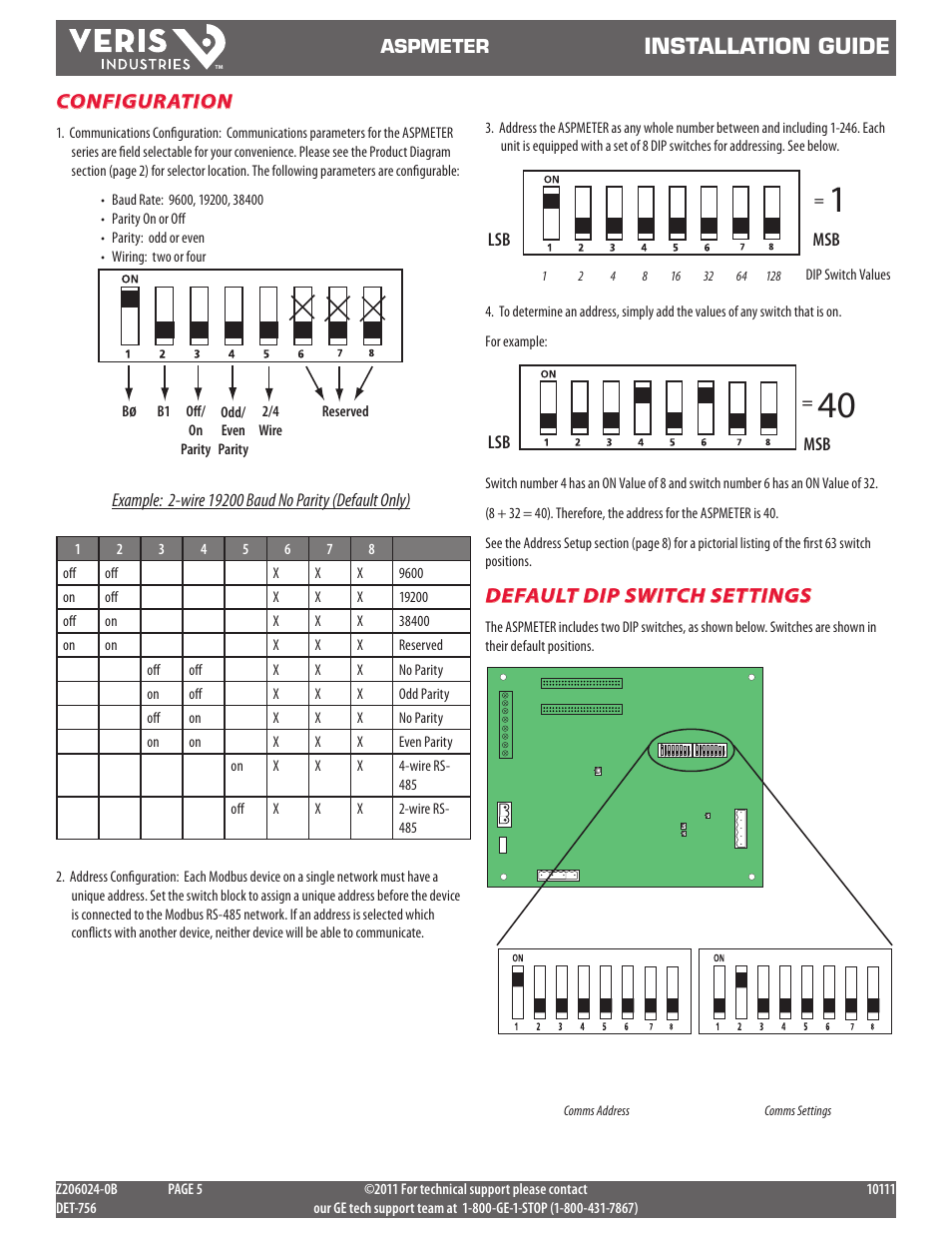 Installation guide, Configuration, Default dip switch settings | GE Industrial Solutions ASPMETER Install User Manual | Page 5 / 10