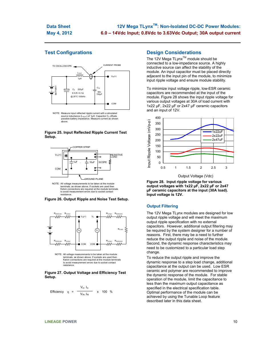 Test configurations, Design considerations, Output filtering | Lineage power 10, Figure 26. output ripple and noise test setup, The 12v mega tlynx | GE Industrial Solutions 12V Mega TLynx User Manual | Page 10 / 23