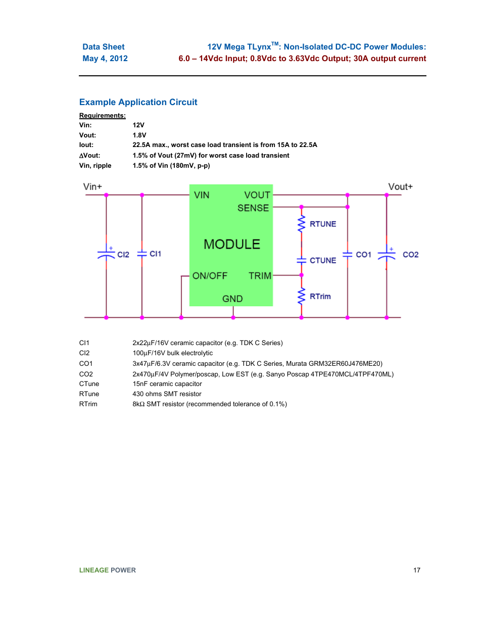 Example application circuit | GE Industrial Solutions 12V Mega TLynx User Manual | Page 17 / 23