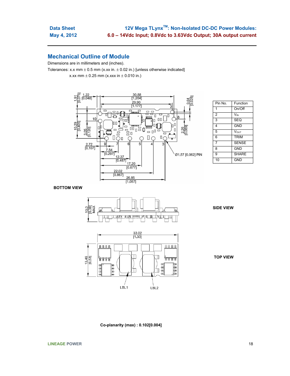 Mechanical outline of module | GE Industrial Solutions 12V Mega TLynx User Manual | Page 18 / 23
