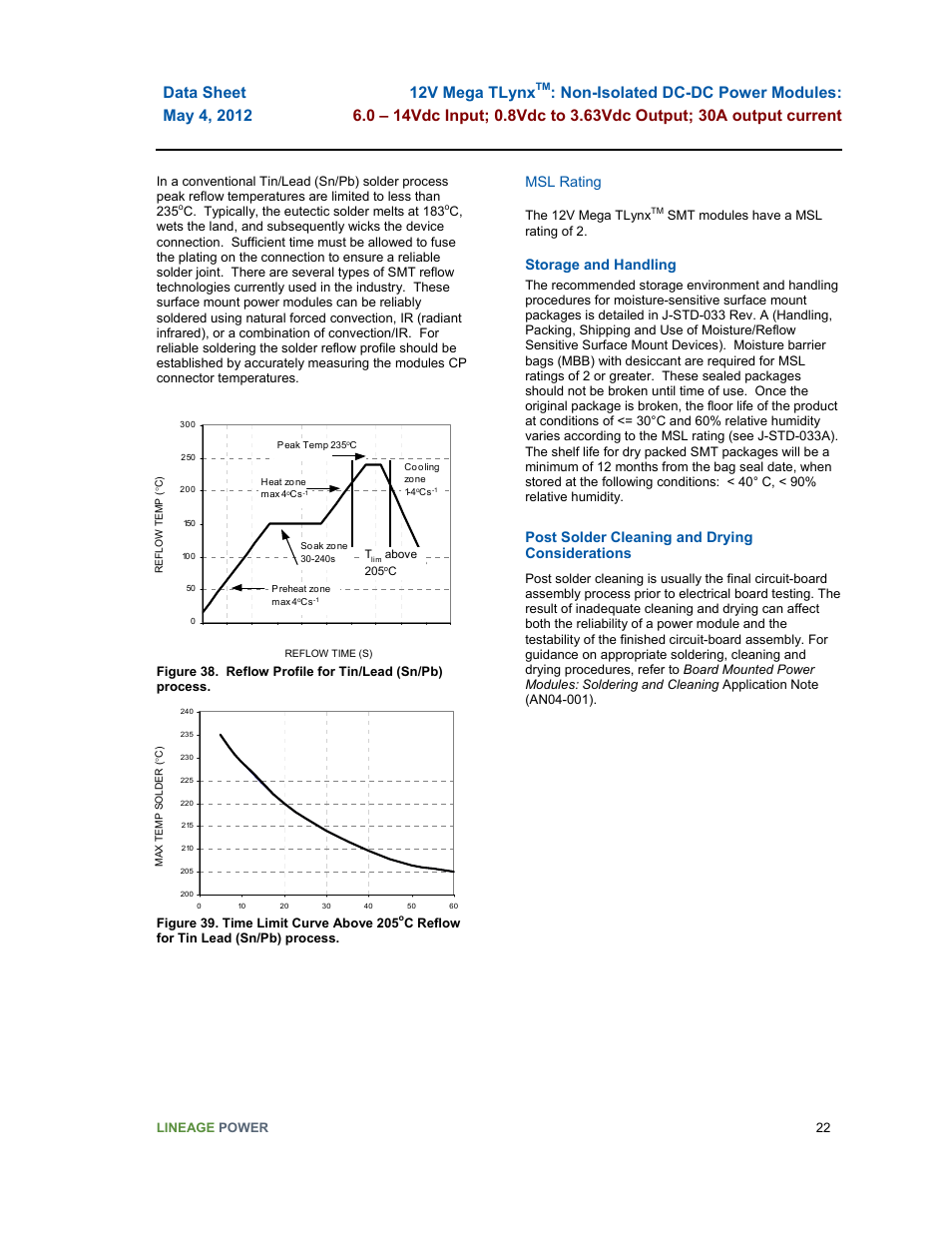 Msl rating, Storage and handling, Post solder cleaning and drying considerations | GE Industrial Solutions 12V Mega TLynx User Manual | Page 22 / 23