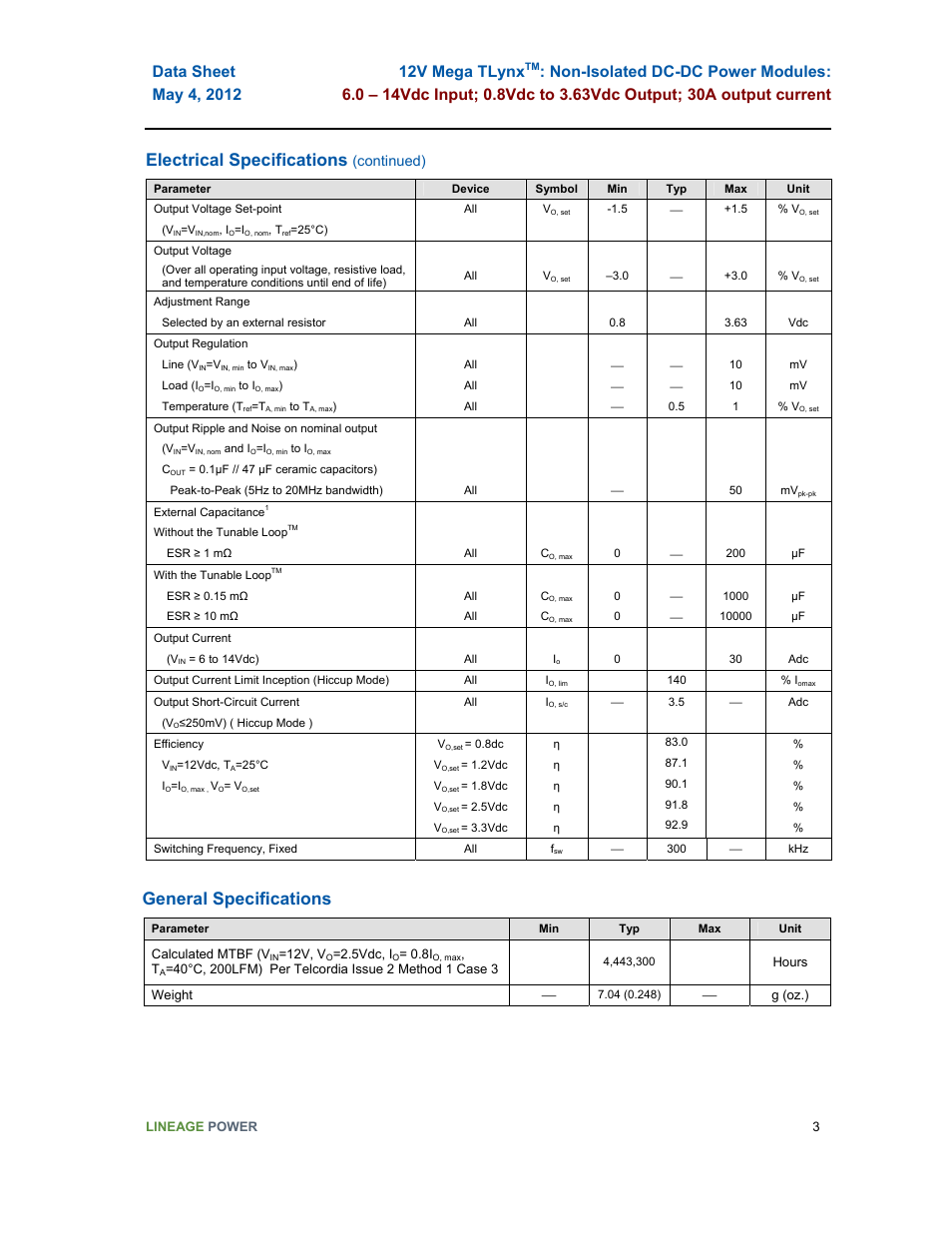 Electrical specifications, General specifications | GE Industrial Solutions 12V Mega TLynx User Manual | Page 3 / 23