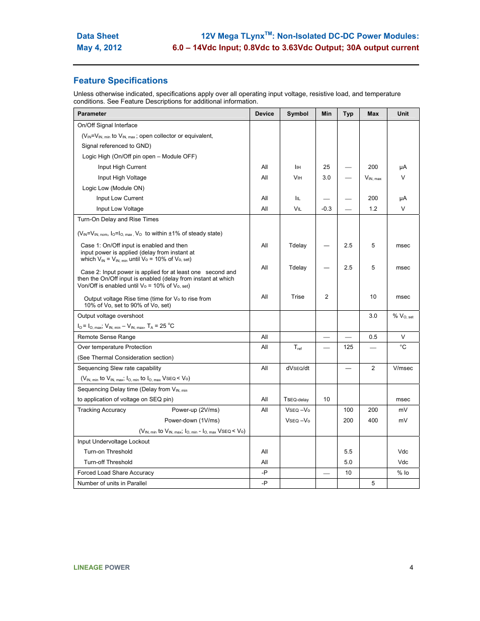 Feature specifications | GE Industrial Solutions 12V Mega TLynx User Manual | Page 4 / 23