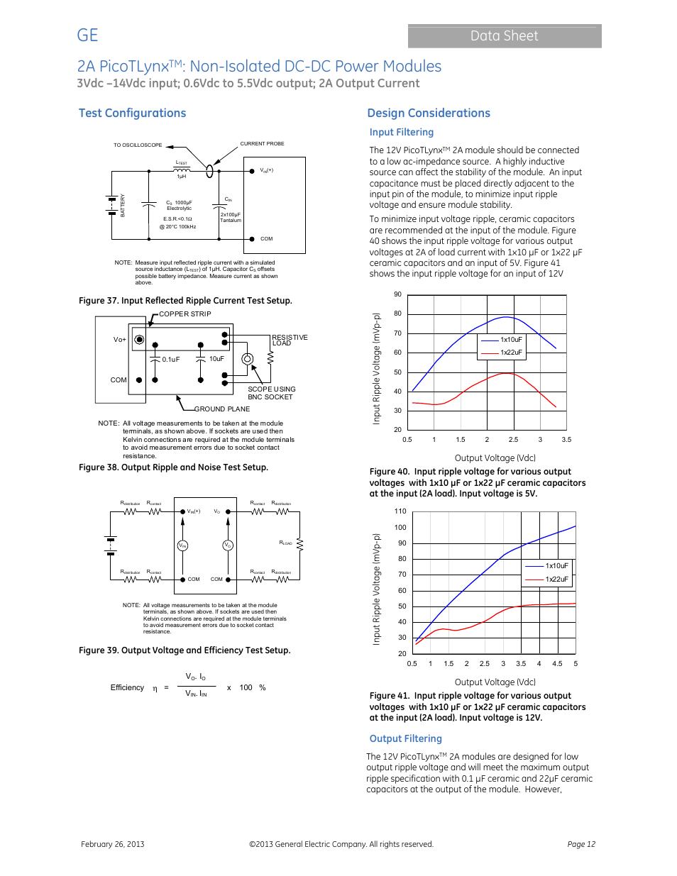 2a picotlynx, Non-isolated dc-dc power modules, Data sheet | Test configurations, Design considerations, Input filtering, Output filtering | GE Industrial Solutions 2A PicoTLynx User Manual | Page 12 / 24