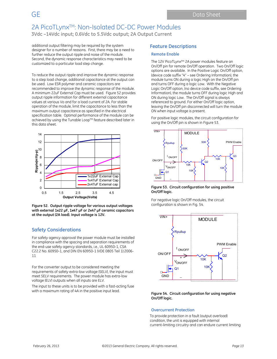 2a picotlynx, Non-isolated dc-dc power modules, Data sheet | Safety considerations, Feature descriptions | GE Industrial Solutions 2A PicoTLynx User Manual | Page 13 / 24