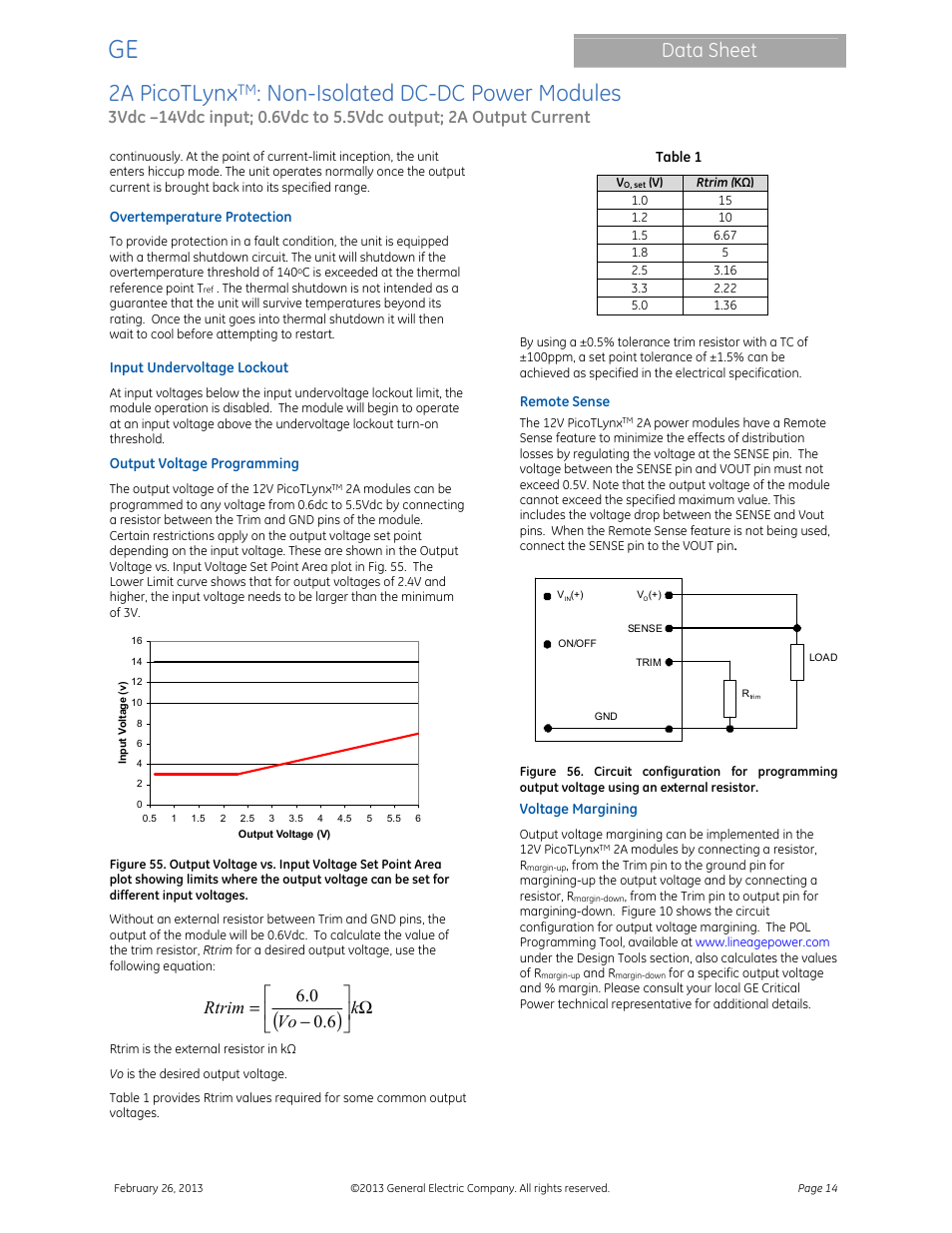 2a picotlynx, Non-isolated dc-dc power modules, Data sheet | Ω      − = k vo rtrim 6 . 0 0 . 6 | GE Industrial Solutions 2A PicoTLynx User Manual | Page 14 / 24