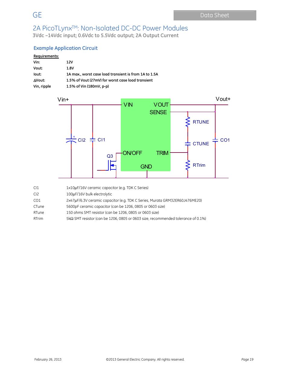 Module, 2a picotlynx, Non-isolated dc-dc power modules | Data sheet | GE Industrial Solutions 2A PicoTLynx User Manual | Page 19 / 24