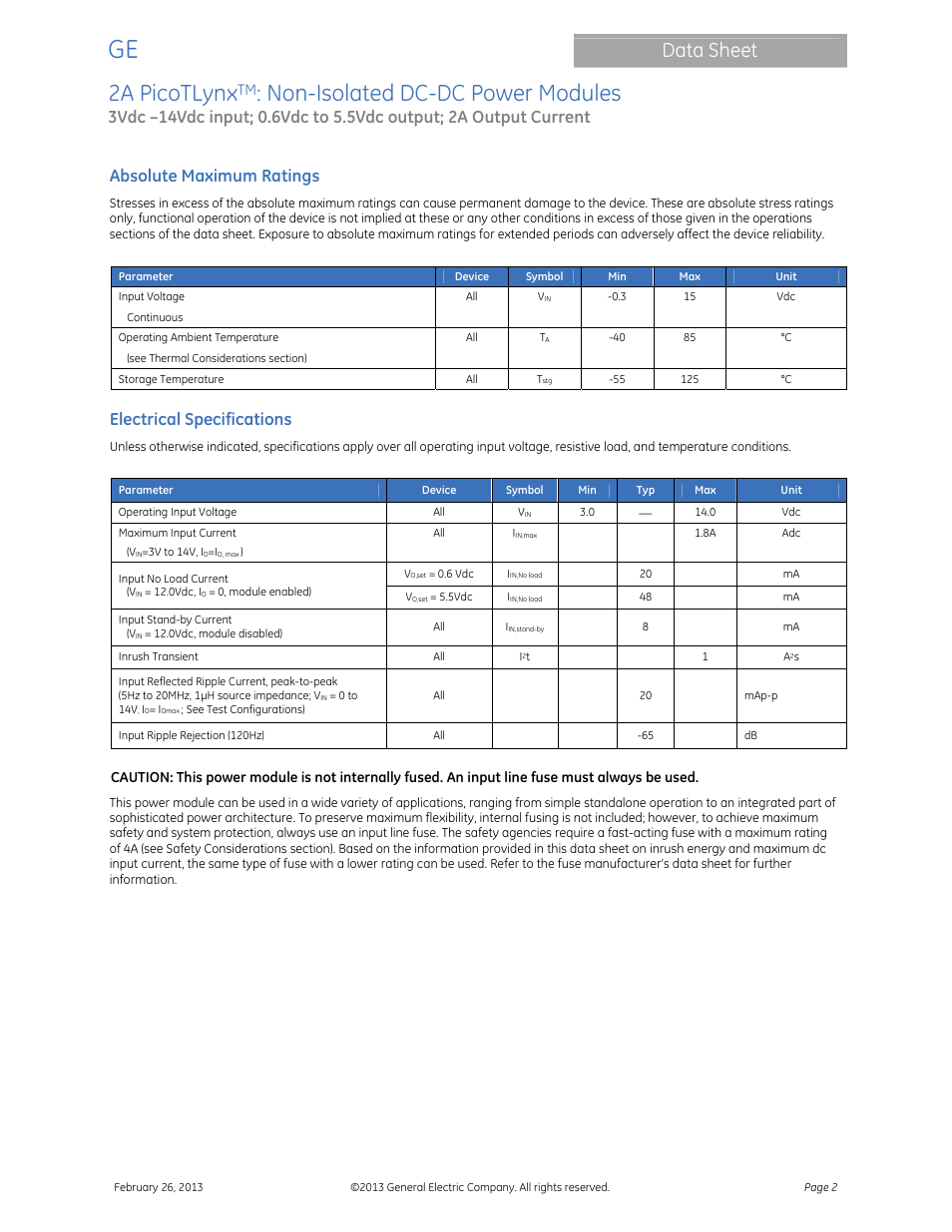 2a picotlynx, Non-isolated dc-dc power modules, Data sheet | Absolute maximum ratings, Electrical specifications | GE Industrial Solutions 2A PicoTLynx User Manual | Page 2 / 24