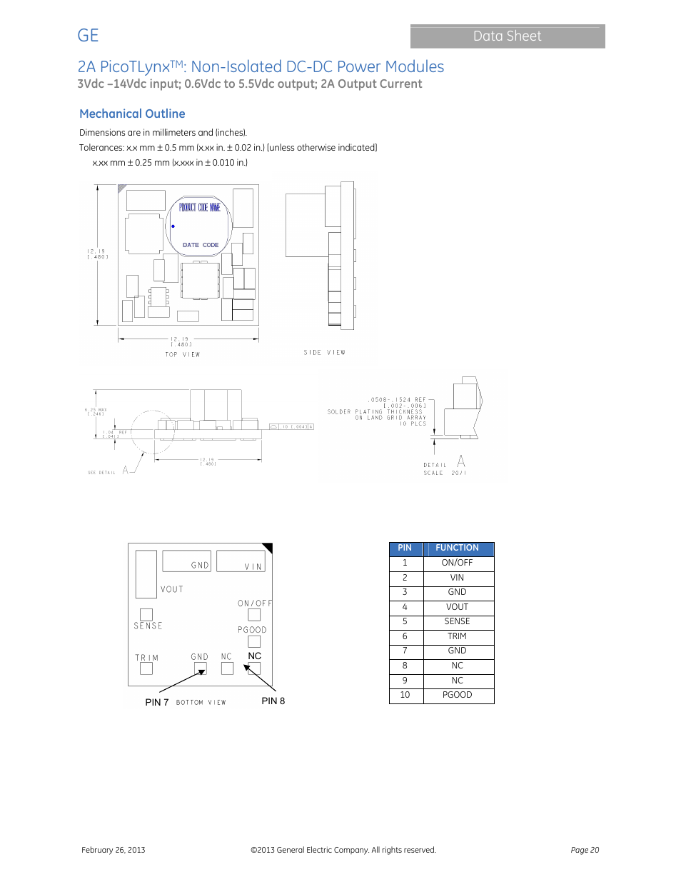 2a picotlynx, Non-isolated dc-dc power modules, Data sheet | GE Industrial Solutions 2A PicoTLynx User Manual | Page 20 / 24