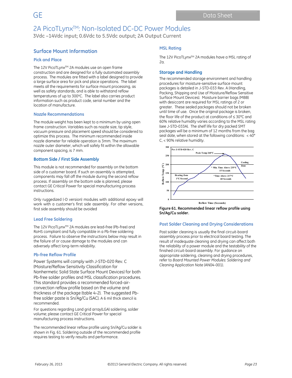 2a picotlynx, Non-isolated dc-dc power modules, Data sheet | Surface mount information | GE Industrial Solutions 2A PicoTLynx User Manual | Page 23 / 24
