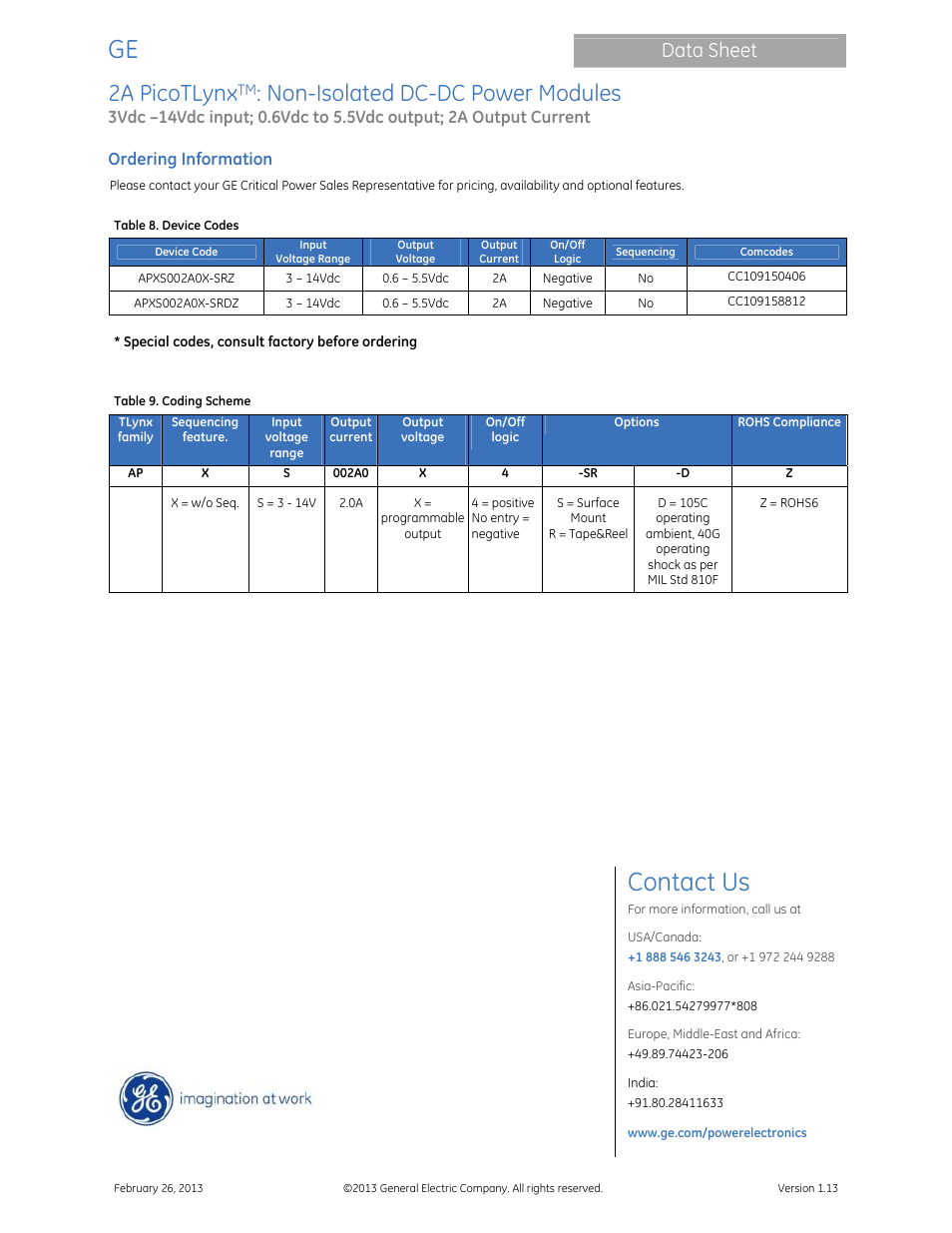 Contact us, 2a picotlynx, Non-isolated dc-dc power modules | Data sheet, Ordering information | GE Industrial Solutions 2A PicoTLynx User Manual | Page 24 / 24