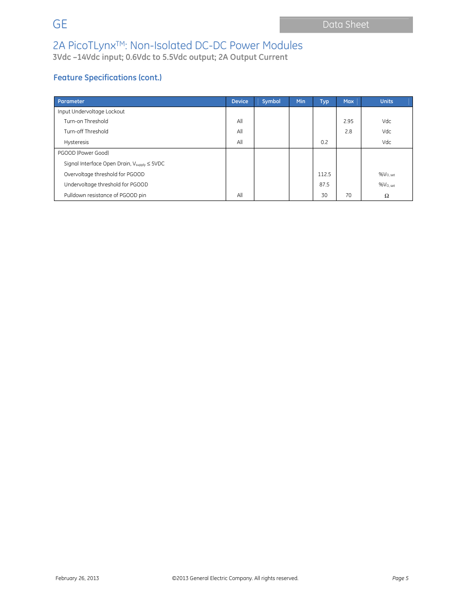 2a picotlynx, Non-isolated dc-dc power modules, Data sheet | Feature specifications (cont.) | GE Industrial Solutions 2A PicoTLynx User Manual | Page 5 / 24