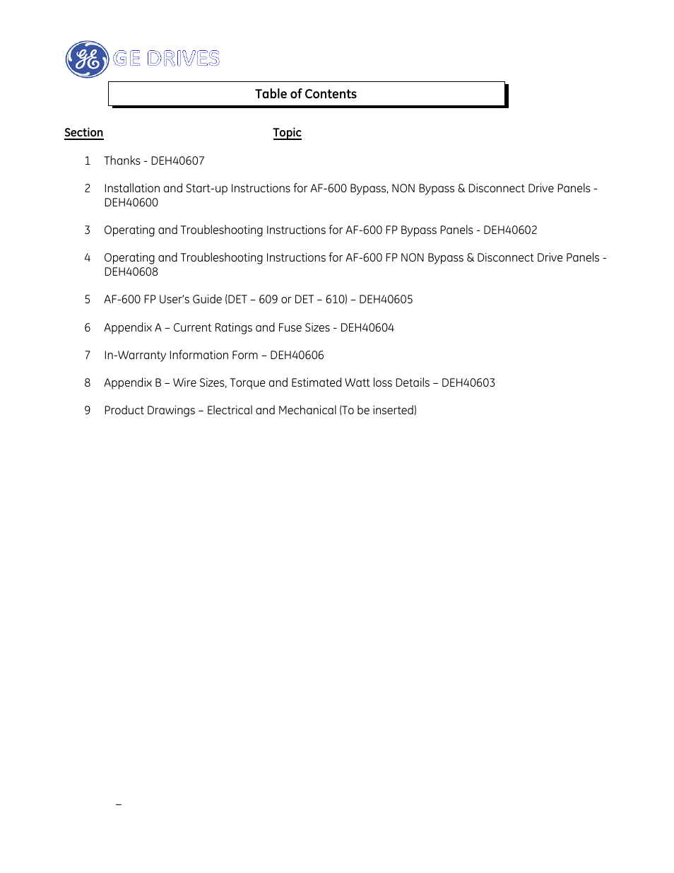 GE Industrial Solutions AF-600 FP Drive Panel User Manual | 57 pages