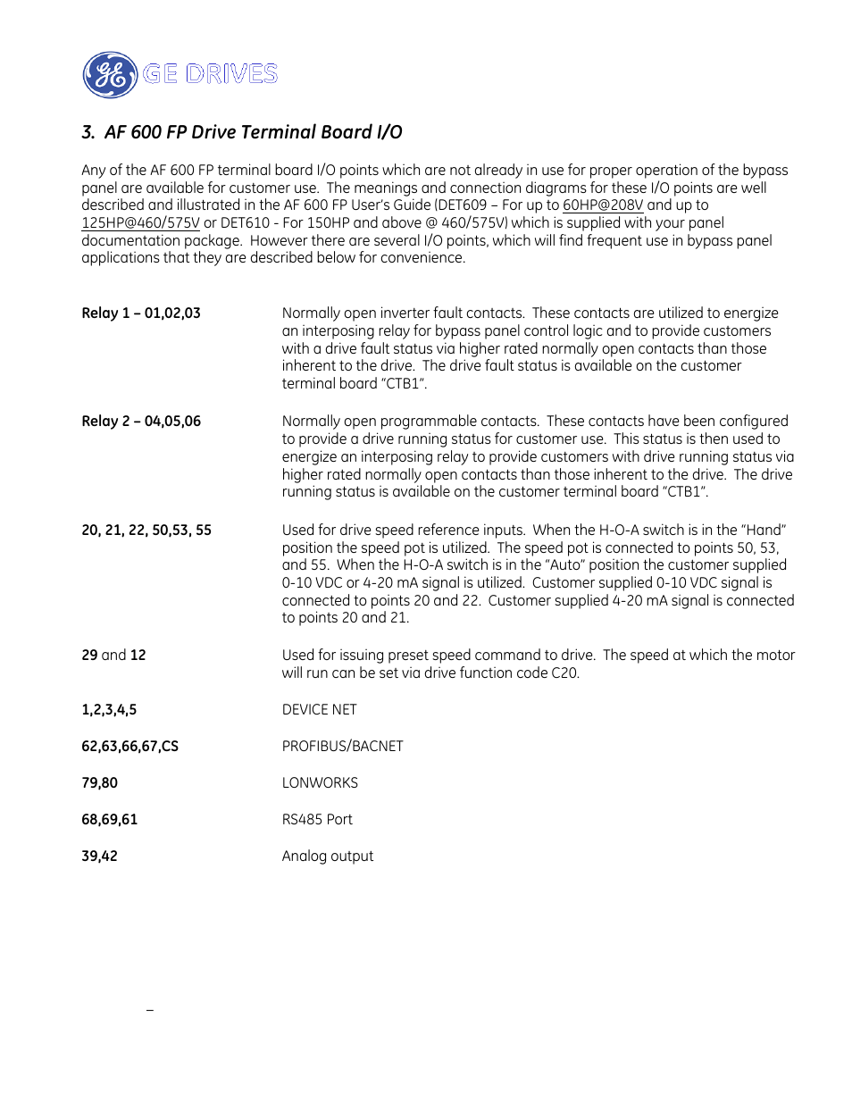 Af 600 fp drive terminal board i/o | GE Industrial Solutions AF-600 FP Drive Panel User Manual | Page 18 / 57