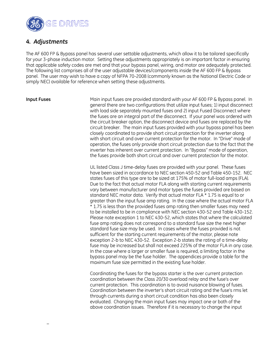 Adjustments | GE Industrial Solutions AF-600 FP Drive Panel User Manual | Page 19 / 57