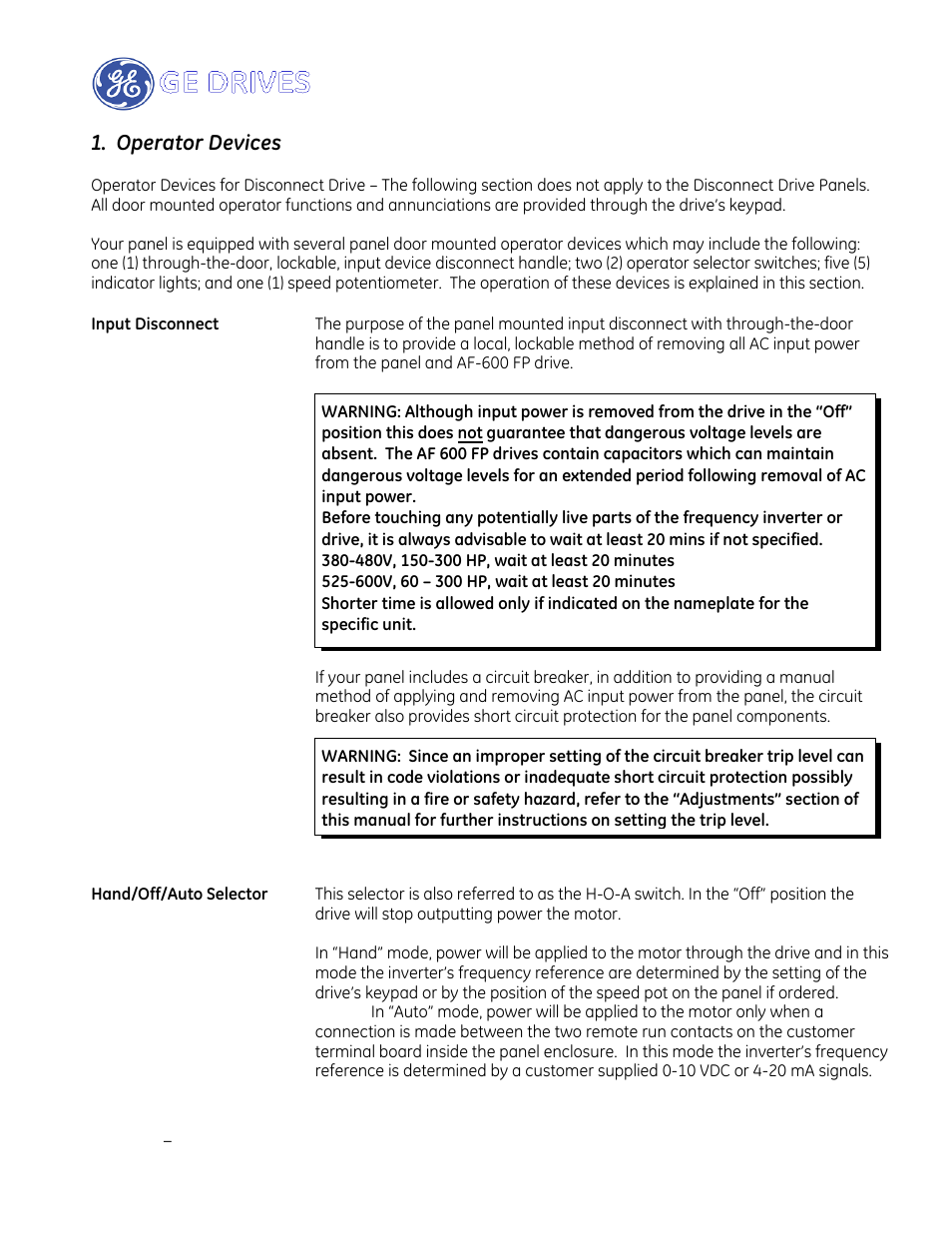 Operator devices | GE Industrial Solutions AF-600 FP Drive Panel User Manual | Page 29 / 57