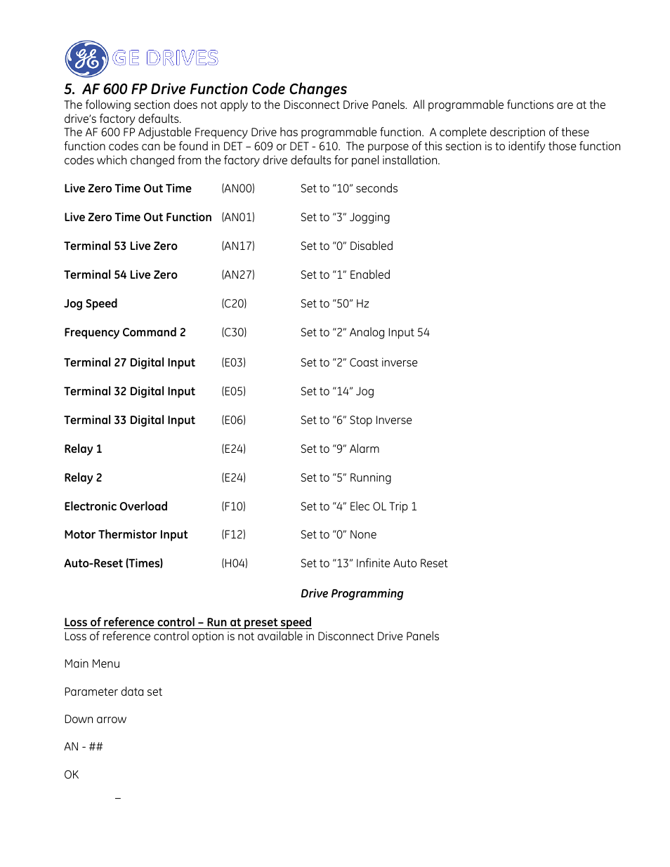 Af 600 fp drive function code changes | GE Industrial Solutions AF-600 FP Drive Panel User Manual | Page 36 / 57