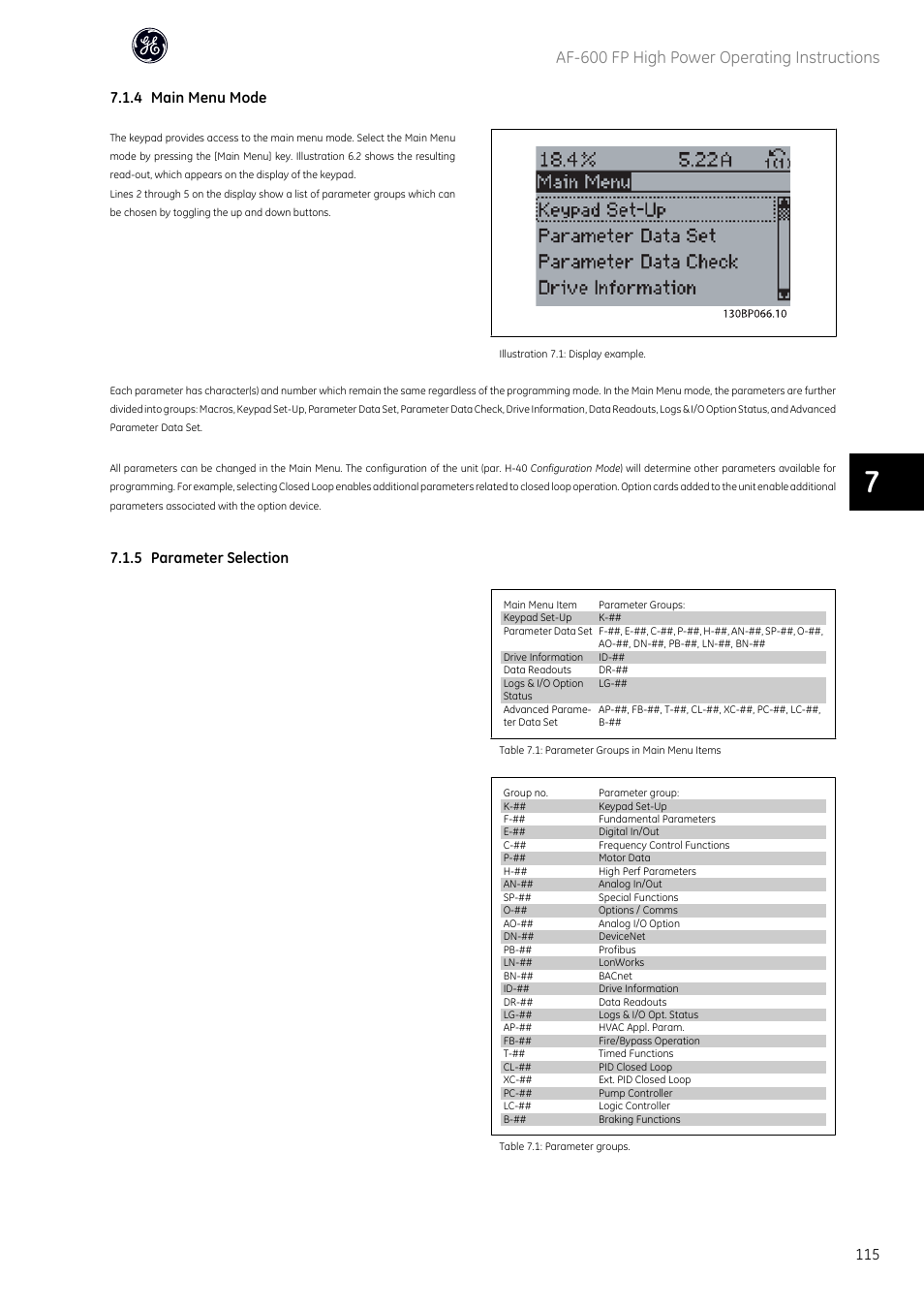 Af-600 fp high power operating instructions, 4 main menu mode, 5 parameter selection | GE Industrial Solutions AF-600 FP Fan and Pump Drive (460V_575V 150HP and above) User Manual | Page 117 / 175