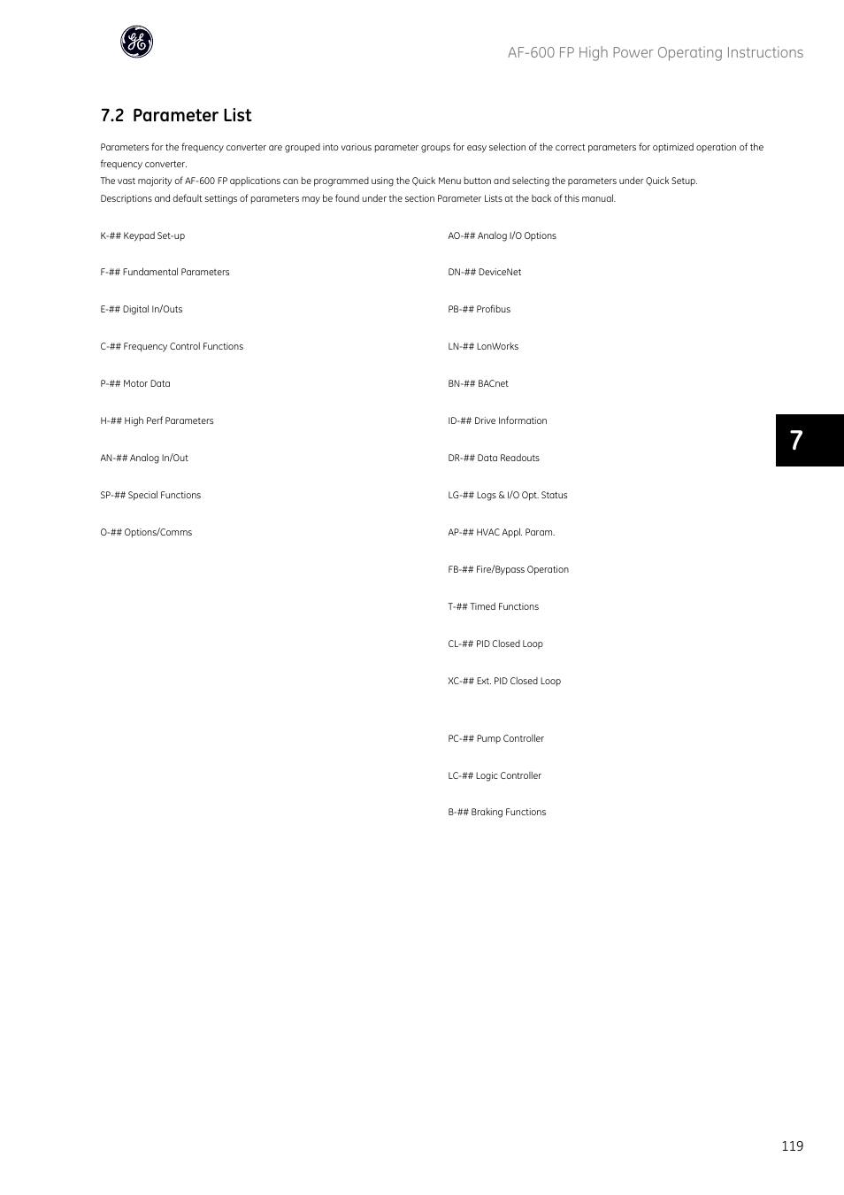 2 parameter list, Af-600 fp high power operating instructions | GE Industrial Solutions AF-600 FP Fan and Pump Drive (460V_575V 150HP and above) User Manual | Page 121 / 175