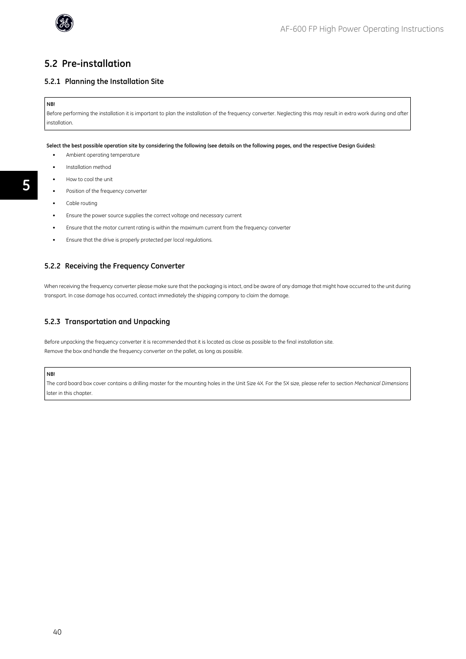 2 pre-installation, Af-600 fp high power operating instructions | GE Industrial Solutions AF-600 FP Fan and Pump Drive (460V_575V 150HP and above) User Manual | Page 41 / 175