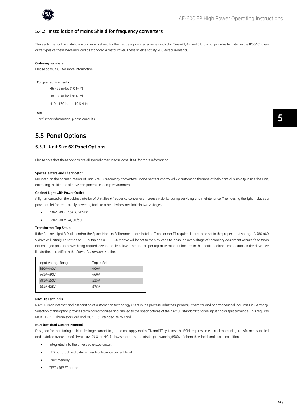 5 panel options, Af-600 fp high power operating instructions, 1 unit size 6x panel options | GE Industrial Solutions AF-600 FP Fan and Pump Drive (460V_575V 150HP and above) User Manual | Page 70 / 175