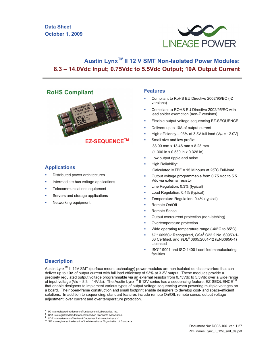 GE Industrial Solutions Austin Lynx II 12 V SMT User Manual | 21 pages