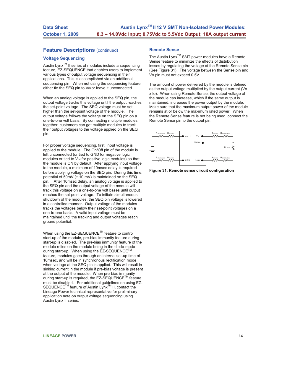 Feature descriptions, Continued) voltage sequencing, Remote sense | GE Industrial Solutions Austin Lynx II 12 V SMT User Manual | Page 14 / 21