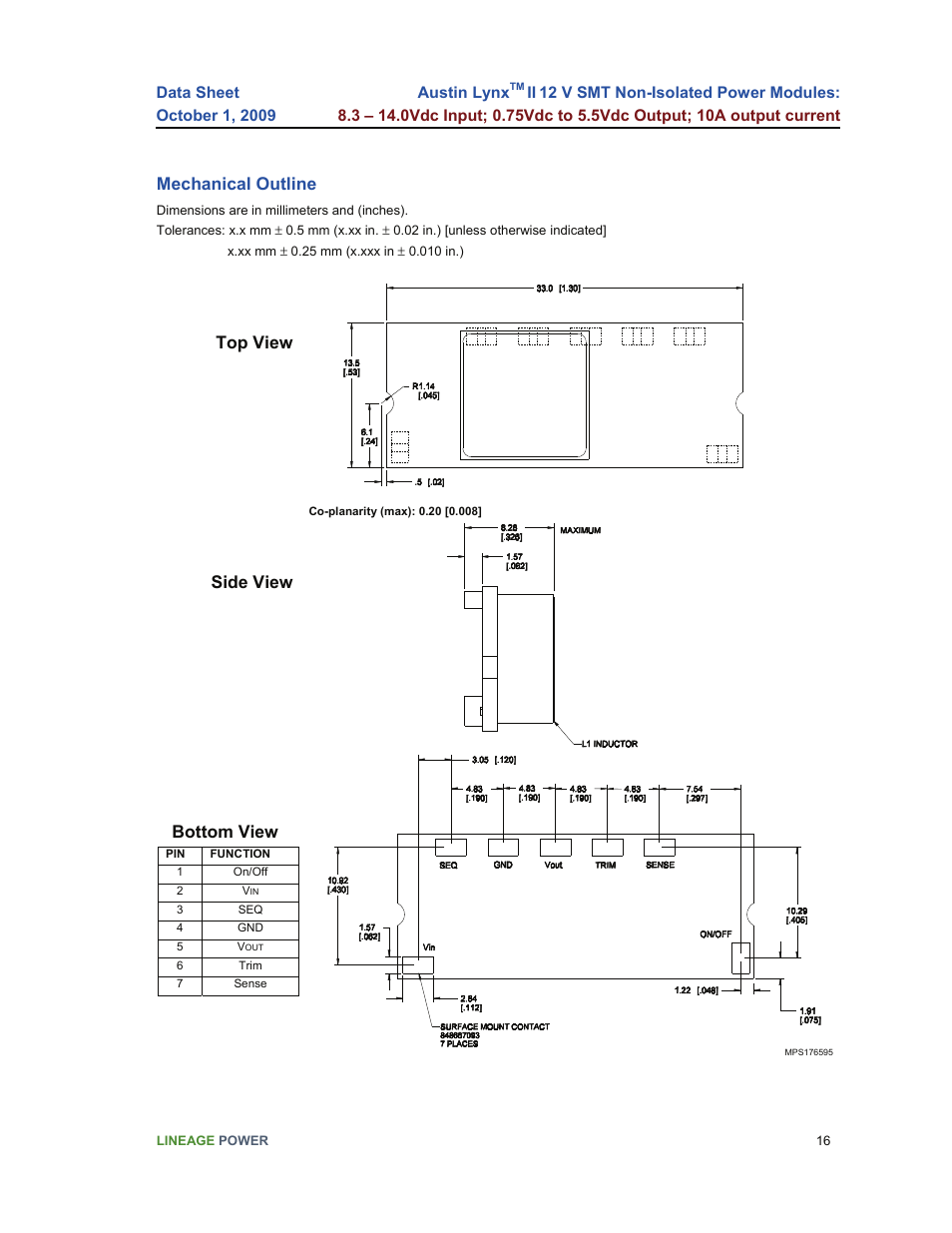 Mechanical outline, Top view, Side view bottom view | GE Industrial Solutions Austin Lynx II 12 V SMT User Manual | Page 16 / 21