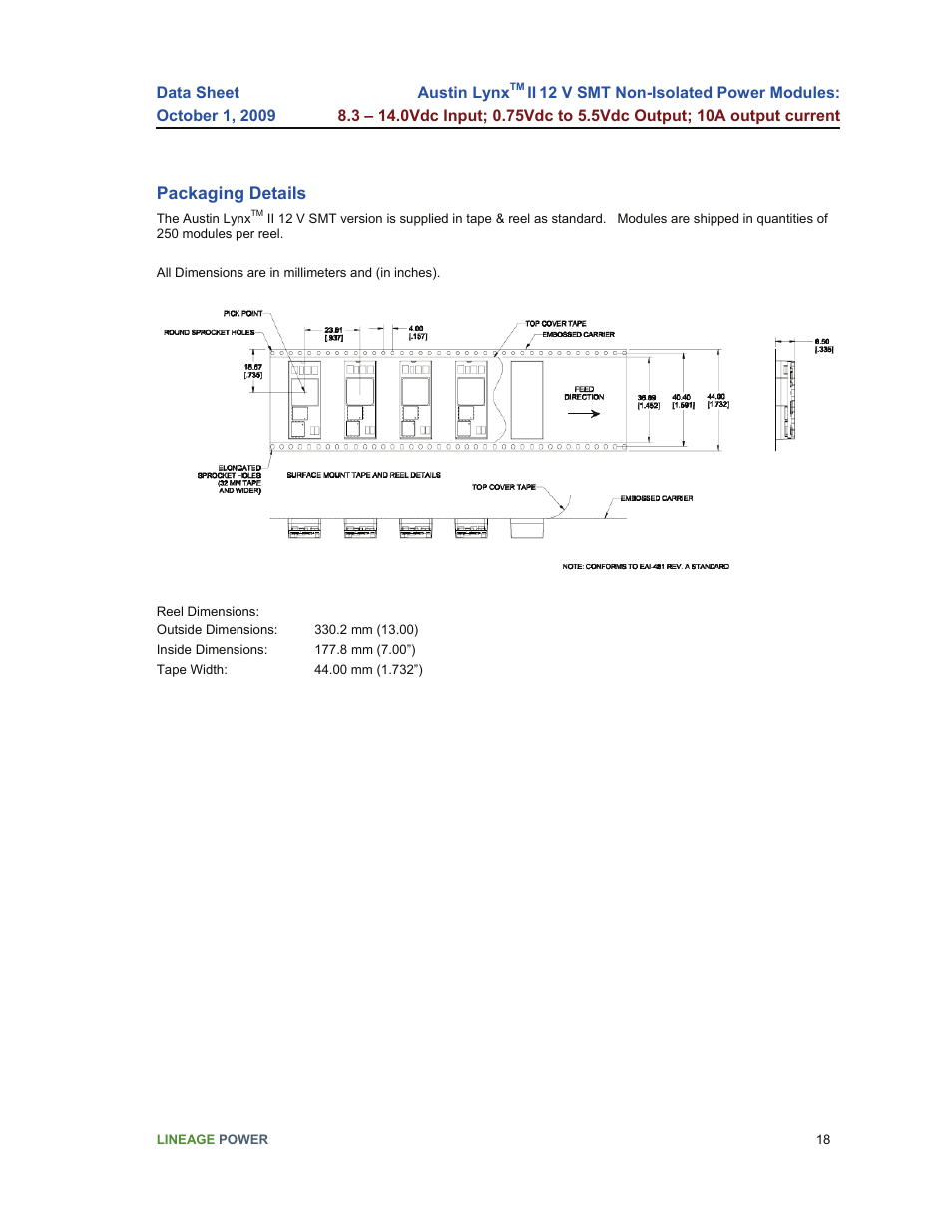 Packaging details | GE Industrial Solutions Austin Lynx II 12 V SMT User Manual | Page 18 / 21