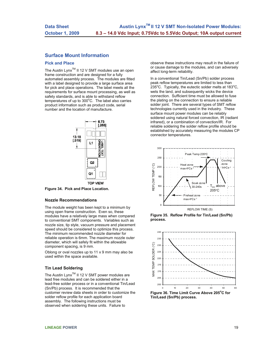 Surface mount information, Austin lynx, Pick and place | Nozzle recommendations, Tin lead soldering | GE Industrial Solutions Austin Lynx II 12 V SMT User Manual | Page 19 / 21
