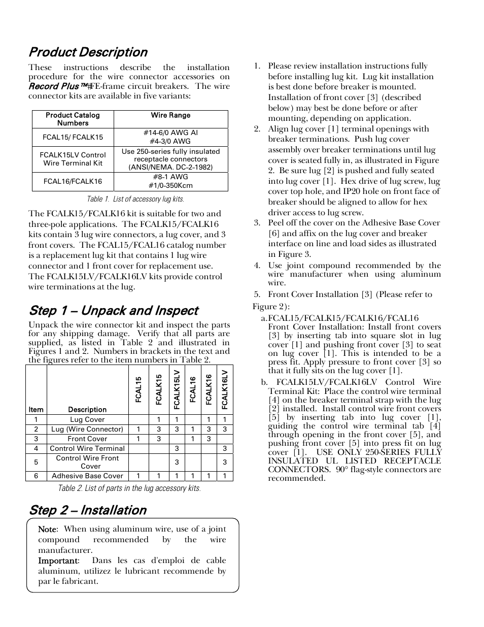 Product description, Step 1 – unpack and inspect, Step 2 – installation | GE Industrial Solutions Record Plus Wire Connector Lug Kits: FE250 User Manual | Page 2 / 4