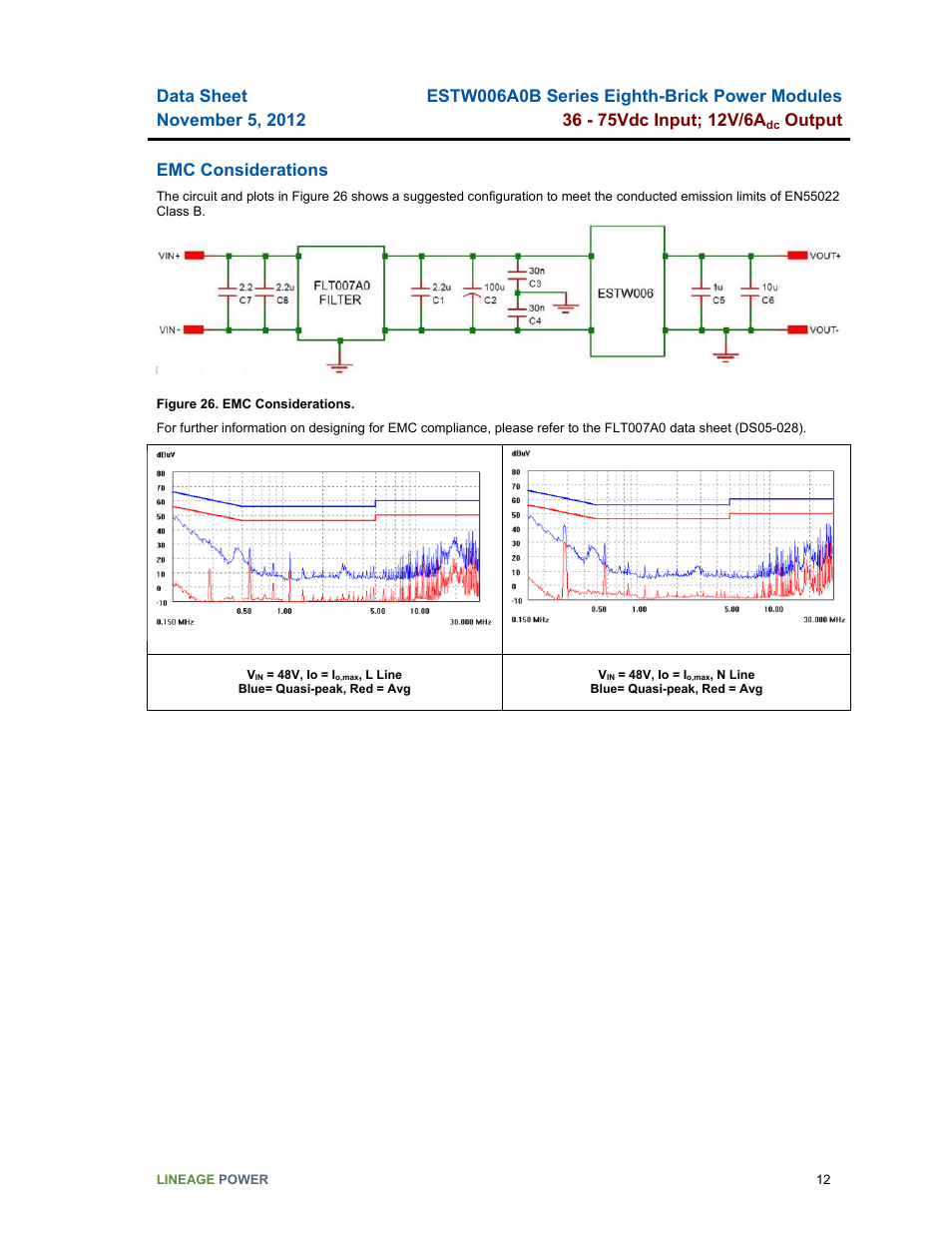 Output, Emc considerations | GE Industrial Solutions ESTW006A0B Series User Manual | Page 12 / 18