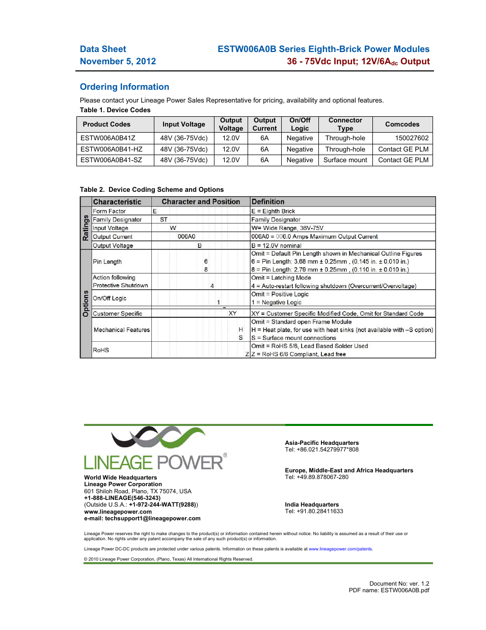 Output, Ordering information | GE Industrial Solutions ESTW006A0B Series User Manual | Page 18 / 18