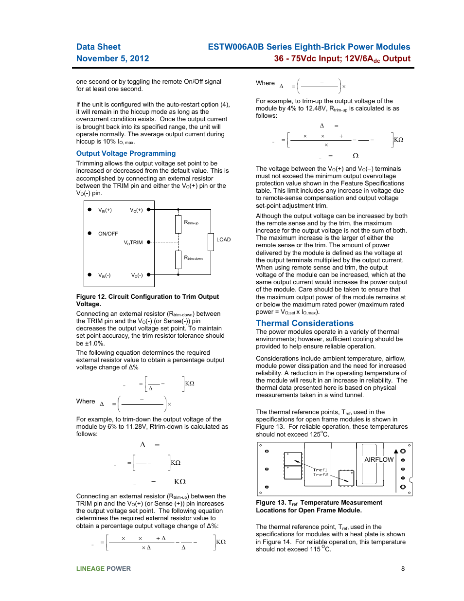 Output, Thermal considerations | GE Industrial Solutions ESTW006A0B Series User Manual | Page 8 / 18