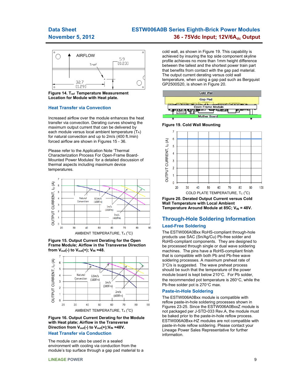 Output, Through-hole, Soldering information | GE Industrial Solutions ESTW006A0B Series User Manual | Page 9 / 18