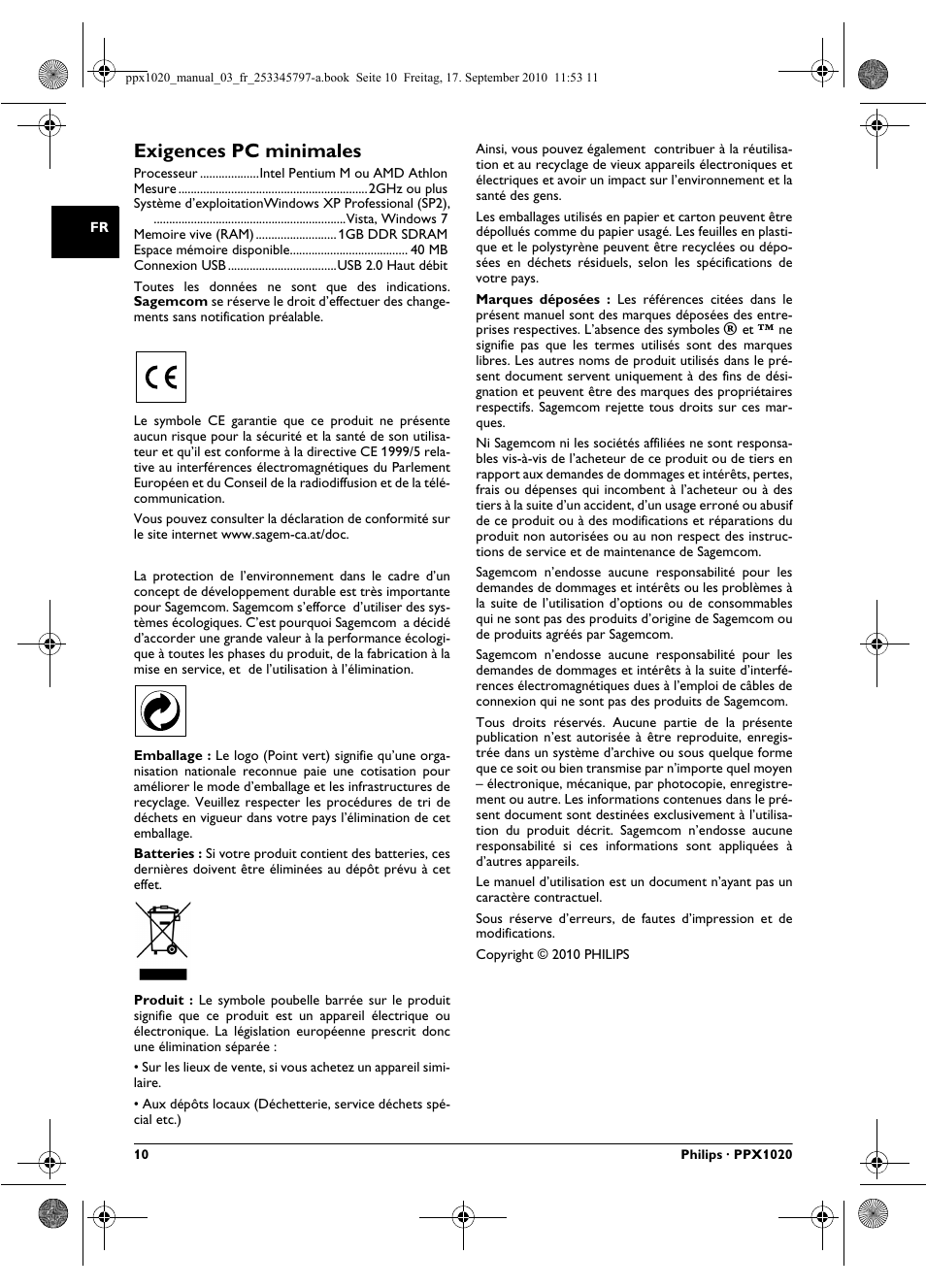 Exigences pc minimales | Philips PPX1020 User Manual | Page 10 / 56