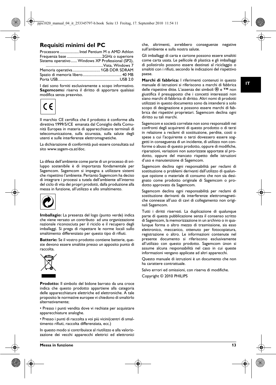 Requisiti minimi del pc | Philips PPX1020 User Manual | Page 13 / 56