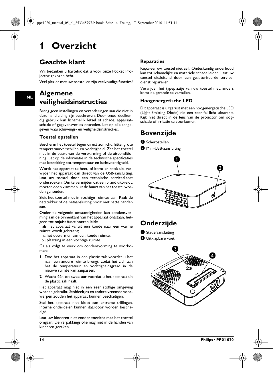 1 overzicht, Geachte klant, Algemene veiligheidsinstructies | Bovenzijde, Onderzijde | Philips PPX1020 User Manual | Page 14 / 56