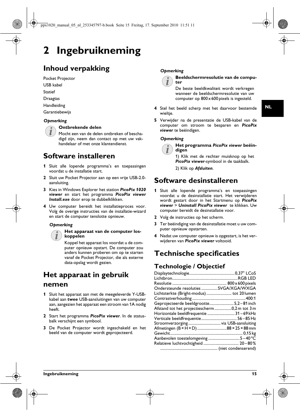 2 ingebruikneming, Inhoud verpakking, Software installeren | Het apparaat in gebruik nemen, Software desinstalleren, Technische specificaties, Technologie / objectief | Philips PPX1020 User Manual | Page 15 / 56