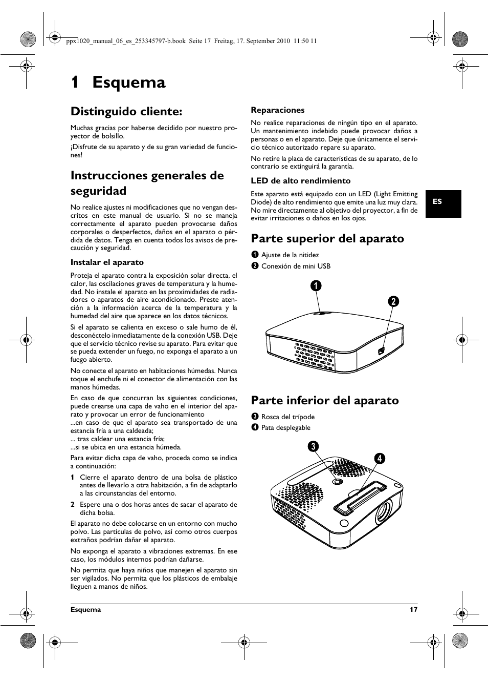 1 esquema, Distinguido cliente, Instrucciones generales de seguridad | Parte superior del aparato, Parte inferior del aparato | Philips PPX1020 User Manual | Page 17 / 56