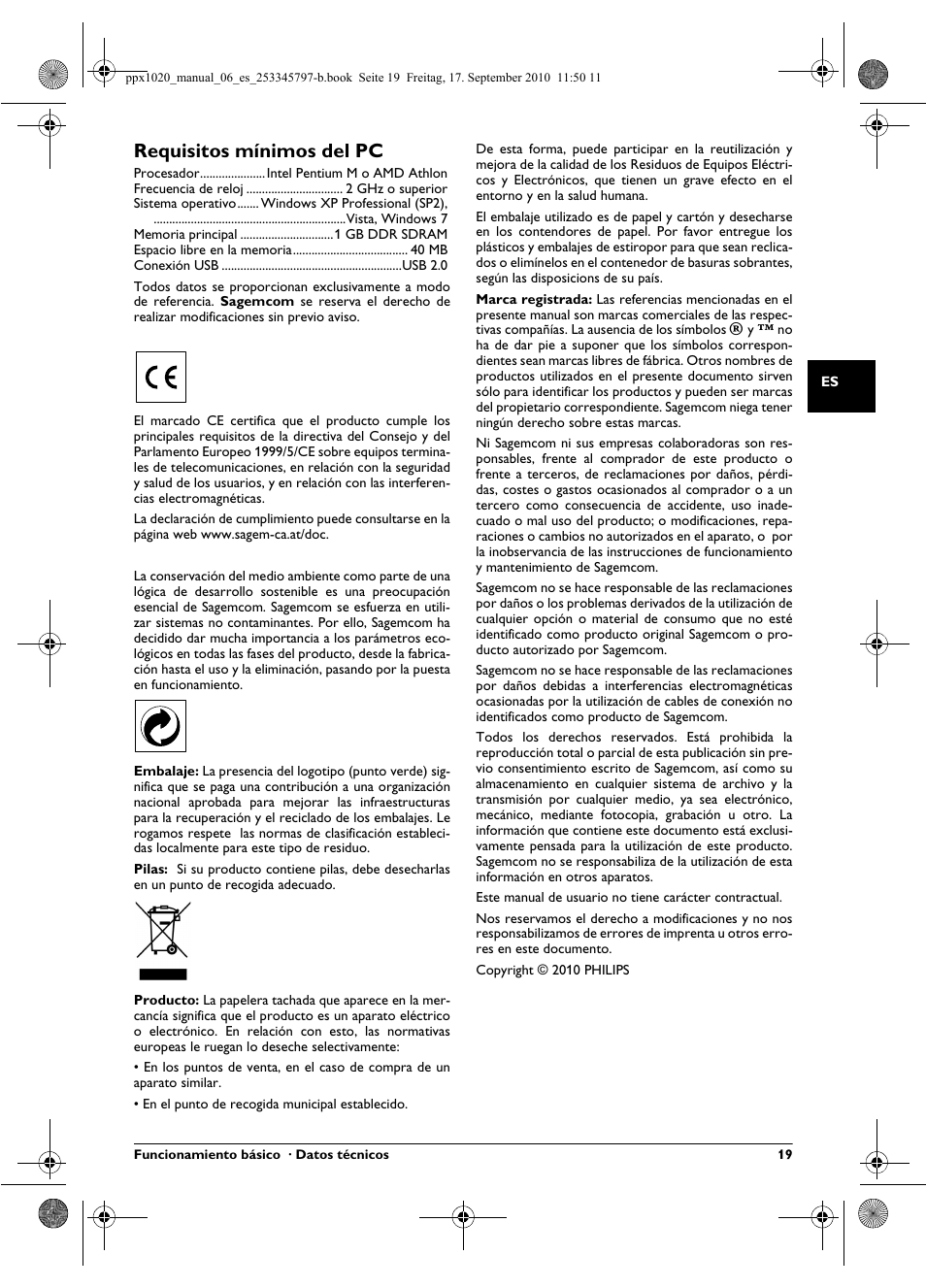Requisitos mínimos del pc | Philips PPX1020 User Manual | Page 19 / 56