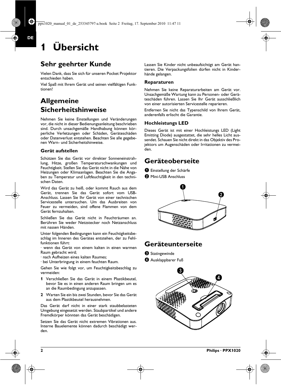 1 übersicht, Sehr geehrter kunde, Allgemeine sicherheitshinweise | Geräteoberseite, Geräteunterseite | Philips PPX1020 User Manual | Page 2 / 56